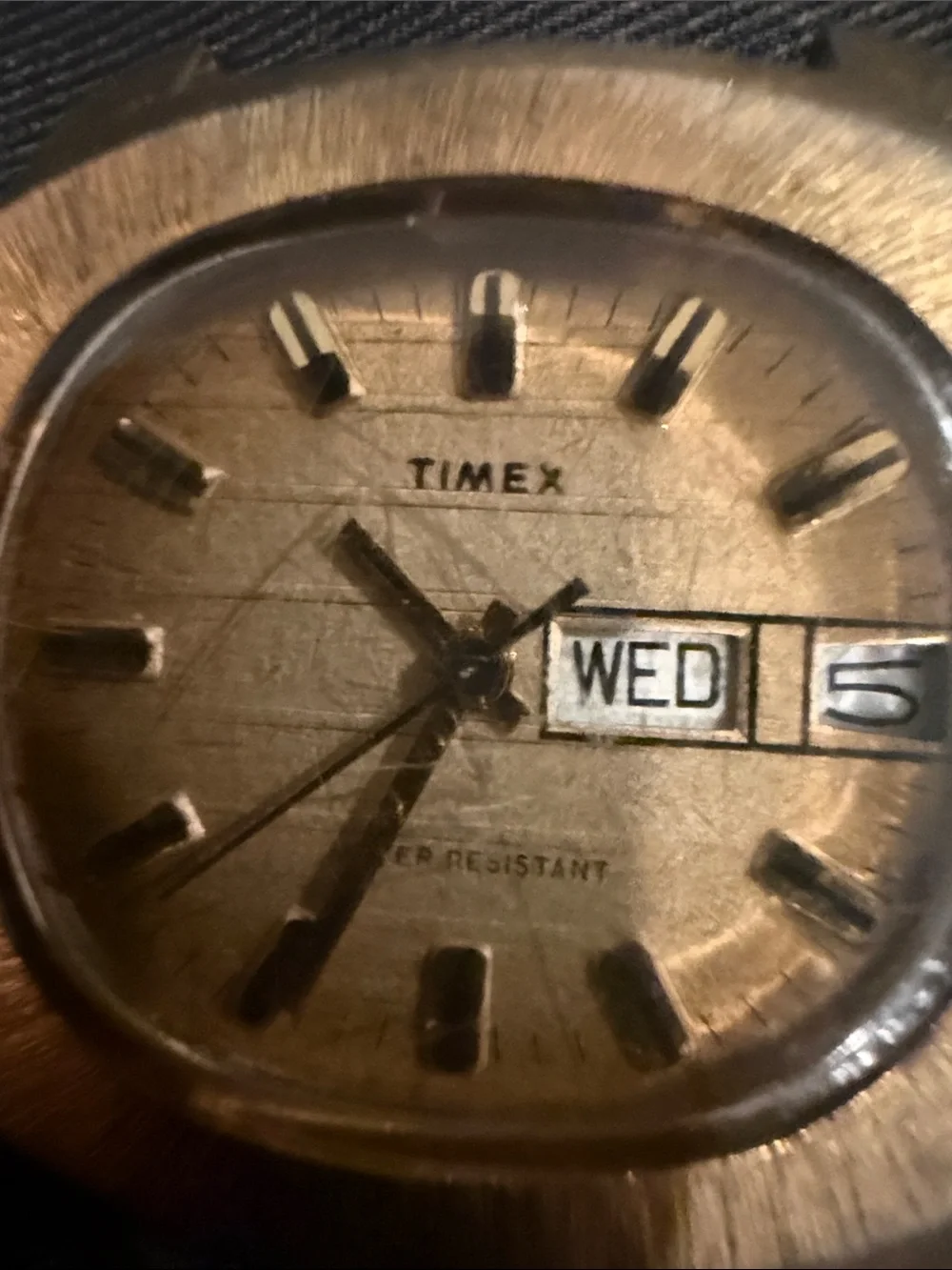 VTG 70s Timex Cushion Watch Automatic Day Date Gold Tone Striped Sunburst